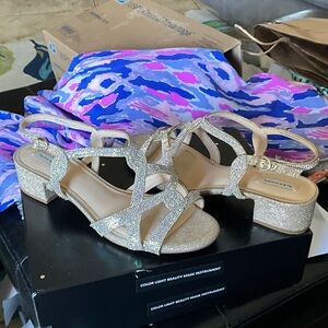 Alex Marie Gold Rhinestone Slingback Block Heel Sandals